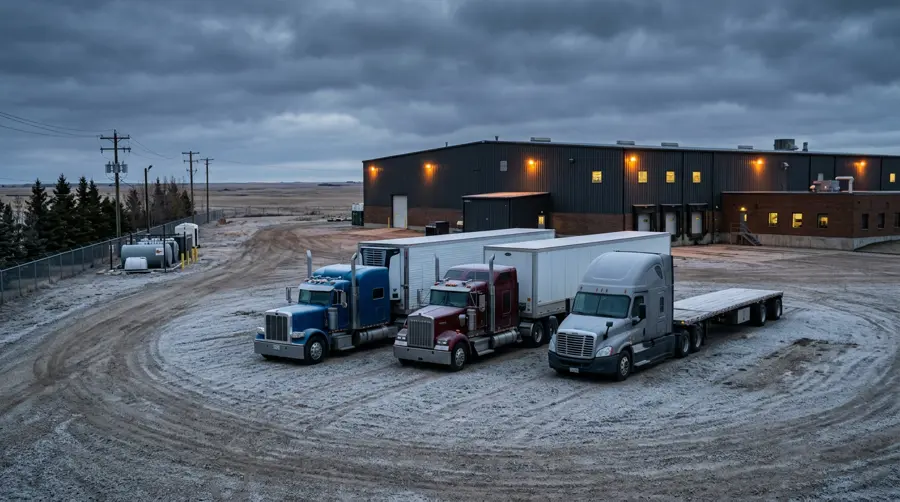 Via Road Inc. tractors parked at the Winnipeg yard in early morning light
