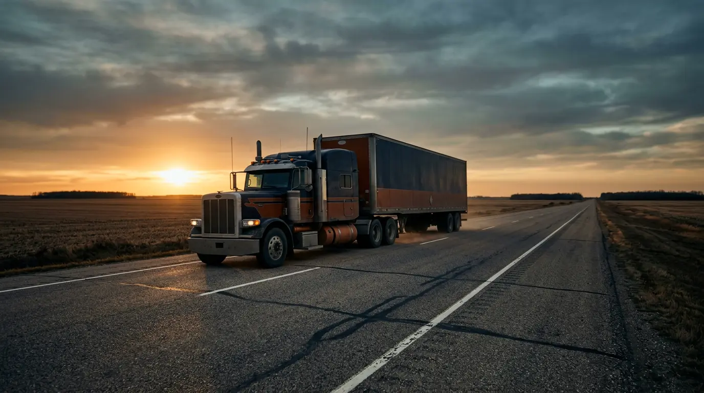 Via Road Inc. semi tractor-trailer on a prairie highway at dusk